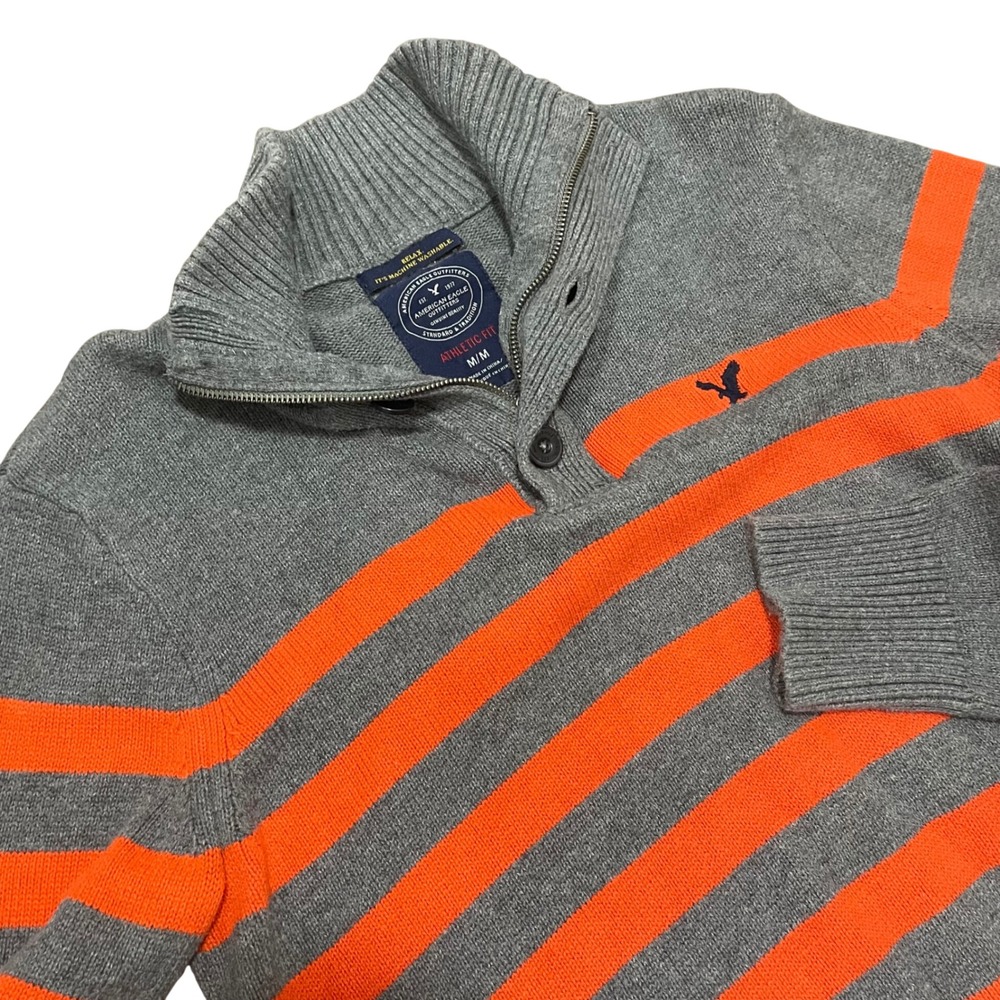 American Eagle‎ Womens Grey Orange Striped Quarter Zip Button Sweater Medium